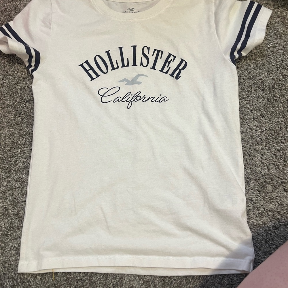 Hollister White Tee with Navy Logo & Sleeve Stripes